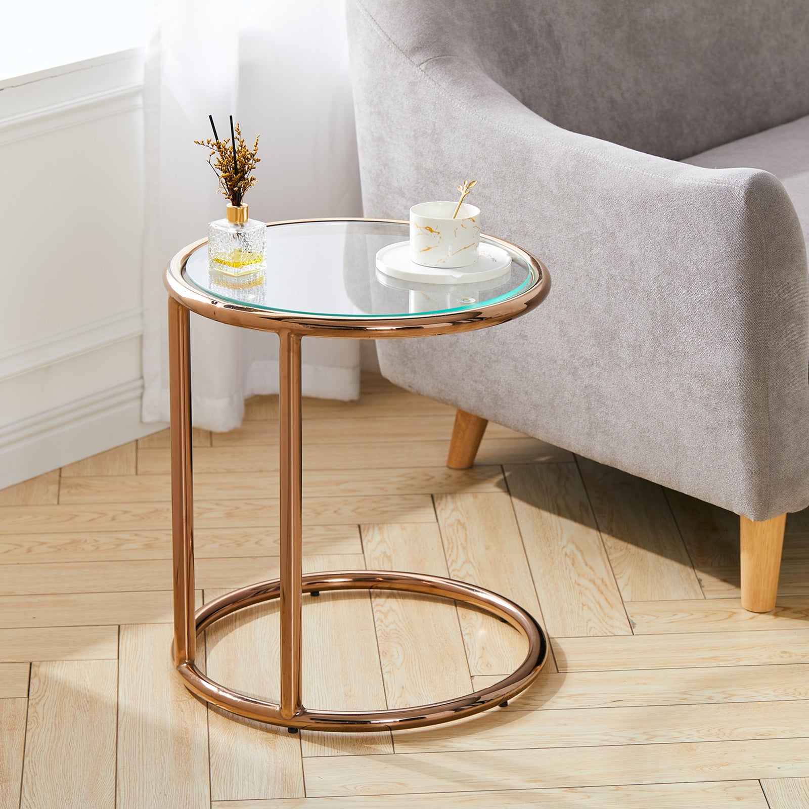 Round Modern Tempered Glass Coffee Table Metal Base