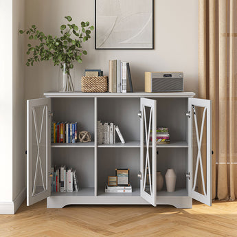 White Sideboard Storage Cabinet with 3 X-Shaped Glass Doors