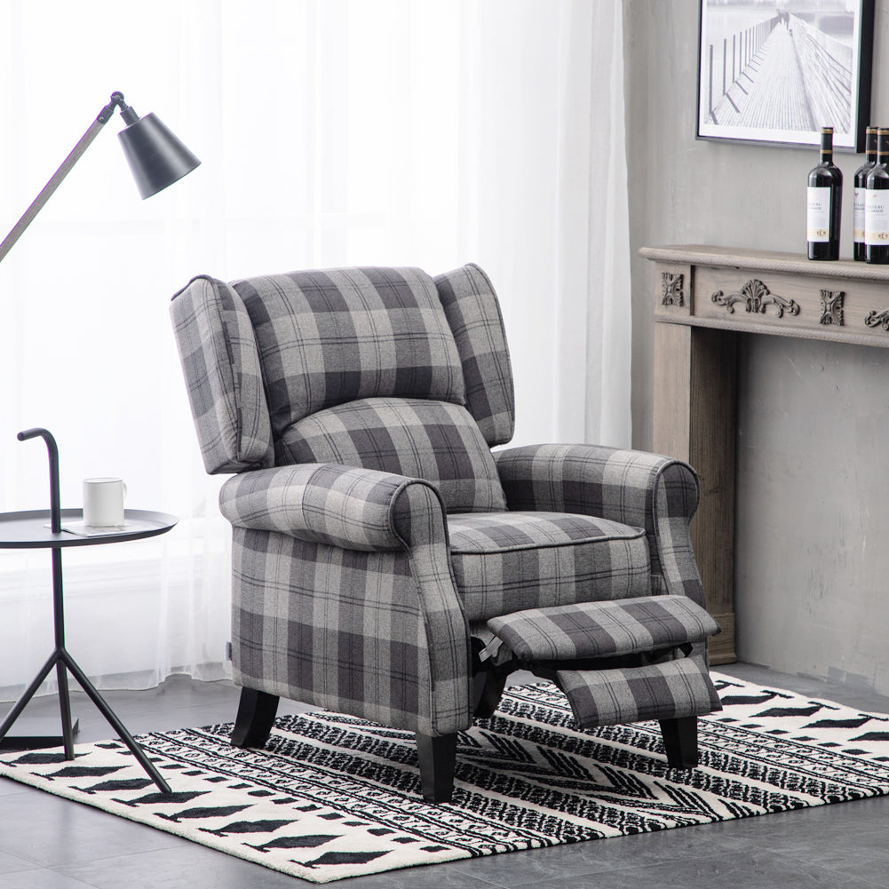 Tartan Linen Upholstered High Back Recliner Armchair