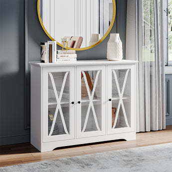 White Sideboard Storage Cabinet with 3 X-Shaped Glass Doors