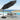 Black cantilever parasol umbrella with round weighted base on patio