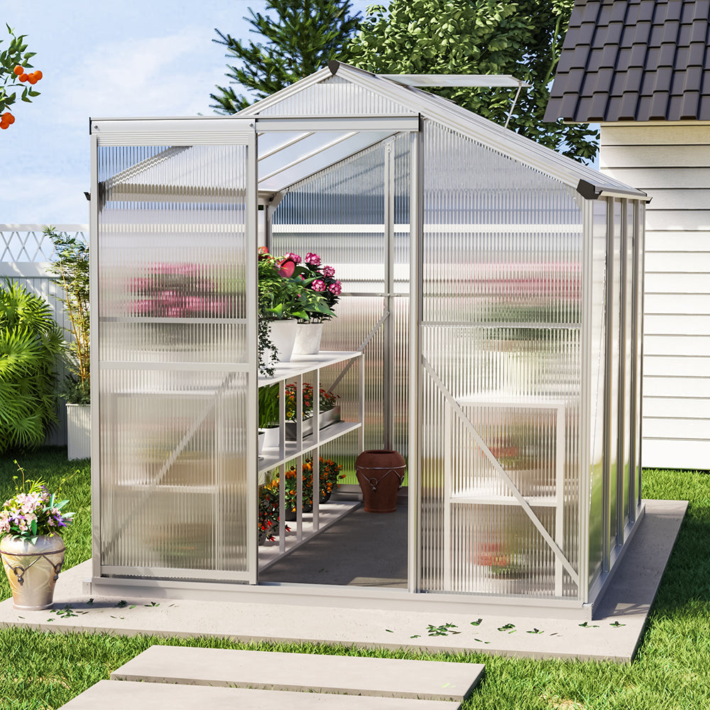 White Framed Garden Hobby Greenhouse with Vent Garden Storages & Greenhouses Garden Sanctuary 8' x 6' ft Without base frame 