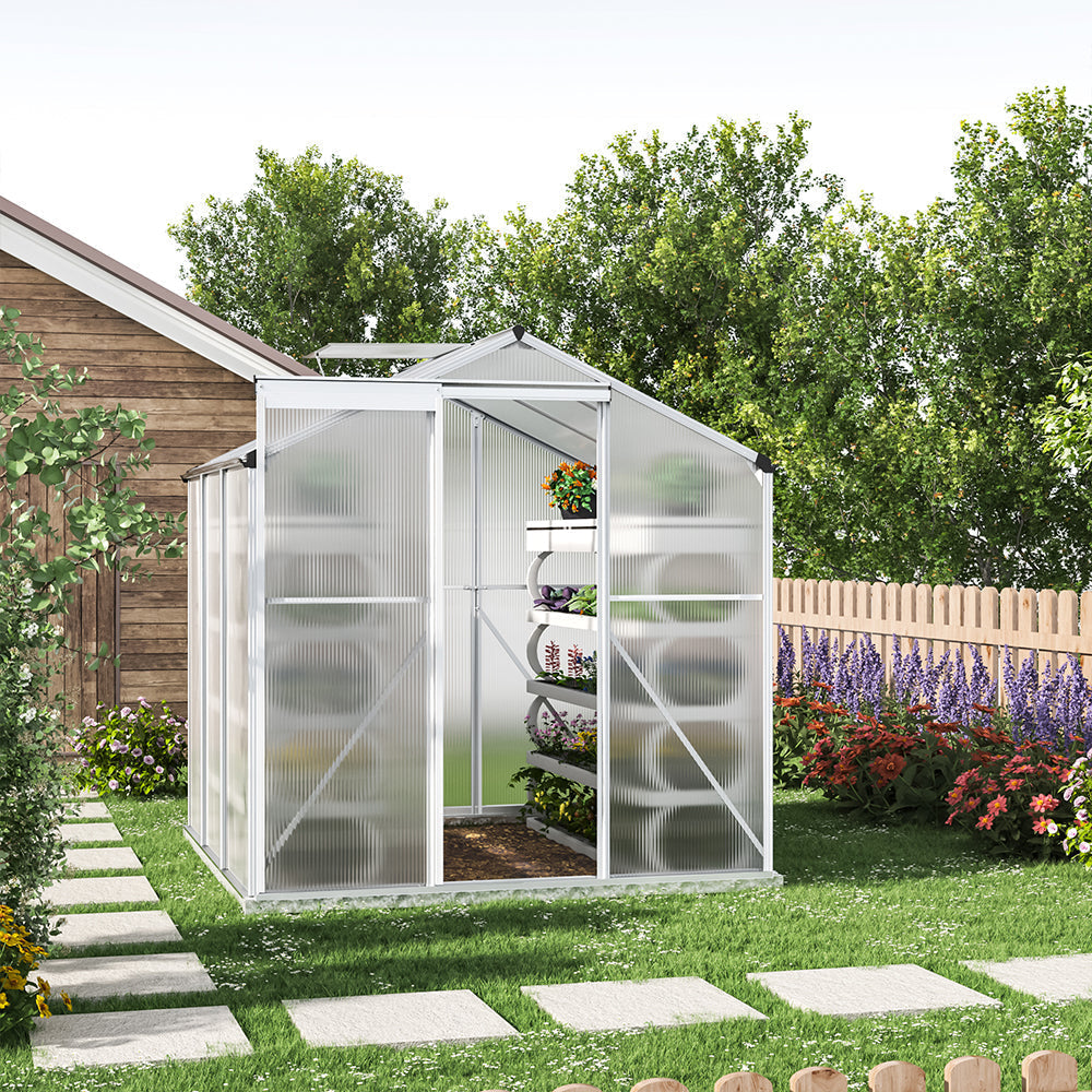White Framed Garden Hobby Greenhouse with Vent Garden Storages & Greenhouses Garden Sanctuary 6' x 6' ft With base frame 
