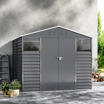 Charcoal Metal Garden Tools Shed with Front Windows and Ventilation