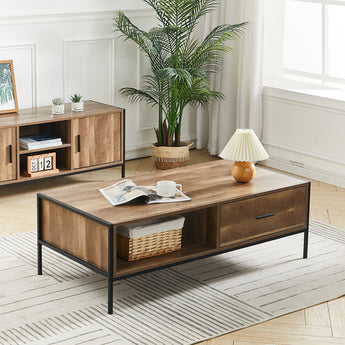 Rustic Brown Coffee Table Metal Framed Tea Table with Drawer and Shelf