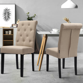 Buttoned Beige Linen Upholstered Dining Chairs Set of 2