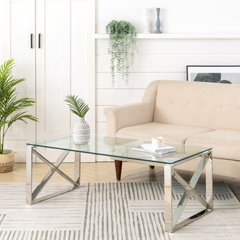 Modern Console Table Tempered Glass Coffee Table with 2 X-shaped Legs