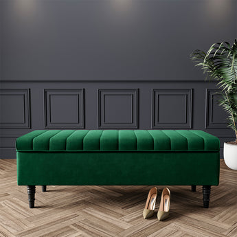 Green Velvet Upholstered Storage Bench with Lid