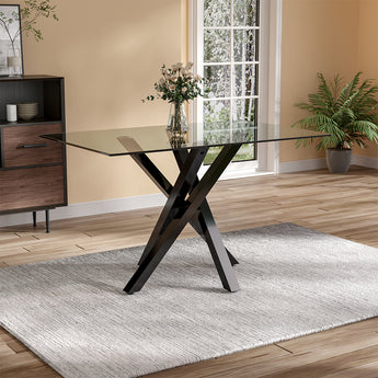 Modern Tempered Glass Dining Table with Metal Crossed Legs