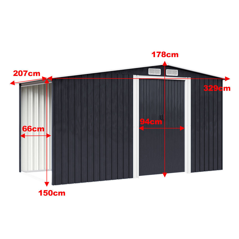 Garden Steel Shed Gable Roof Top with Firewood Storage Garden storage Garden Sanctuary W 329 x T 207 x H 178 cm 